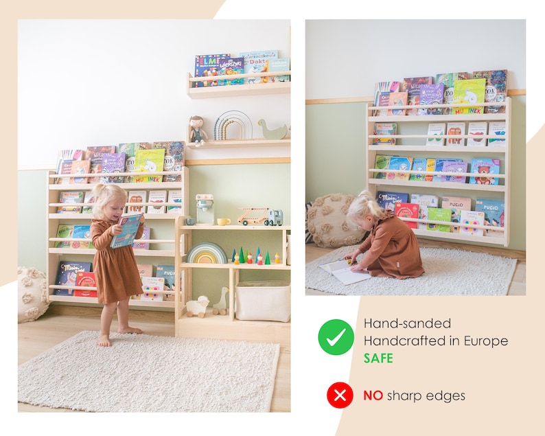 Flytande bokhylla för barn, Liten hängande Montessoribokhylla, Barnrumshyllor, Bokförvaring för småbarn, Väggbokhylla för barn, Bokhylla bild 5