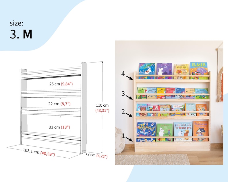 Wall-Mounted Wooden Bookshelf for Kids made of solid wood. Montessori-Inspired Front-Facing Book Display M