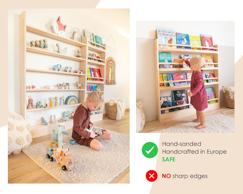 Wall-Mounted Wooden Bookshelf for Kids made of solid wood. Montessori-Inspired Front-Facing Book Display image 5