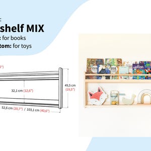 May include: A two-shelf wooden wall unit labeled 2-shelf MIX. The top shelf holds books, and the bottom shelf holds toys. A technical diagram shows dimensions of 12 inches, 32.1 cm, 49.5 cm, and widths of 20.7 inches or 40.6 inches for the unit.