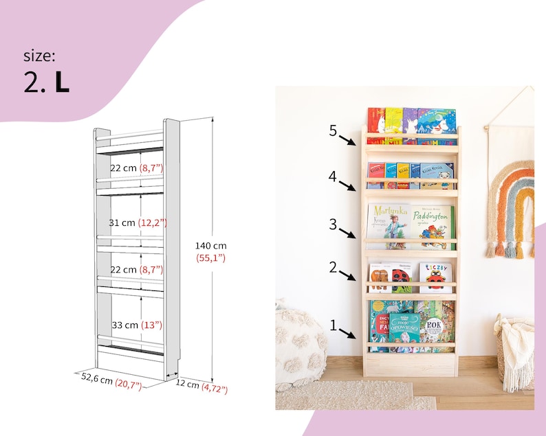 Wall-Mounted Wooden Bookshelf for Kids made of solid wood. Montessori-Inspired Front-Facing Book Display L