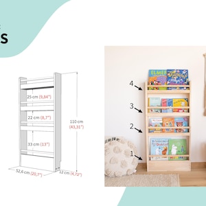 Wall-Mounted Wooden Bookshelf for Kids made of solid wood. Montessori-Inspired Front-Facing Book Display S