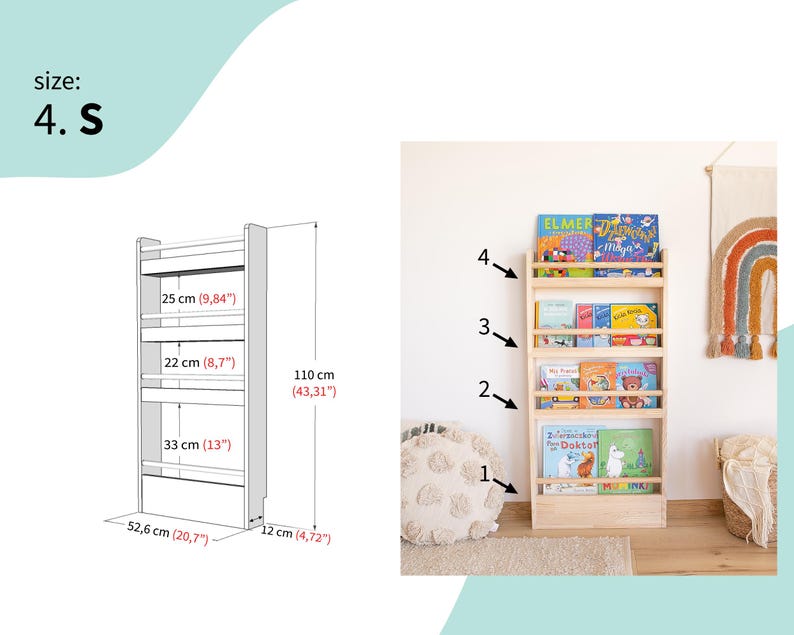 Wall-Mounted Wooden Bookshelf for Kids made of solid wood. Montessori-Inspired Front-Facing Book Display S