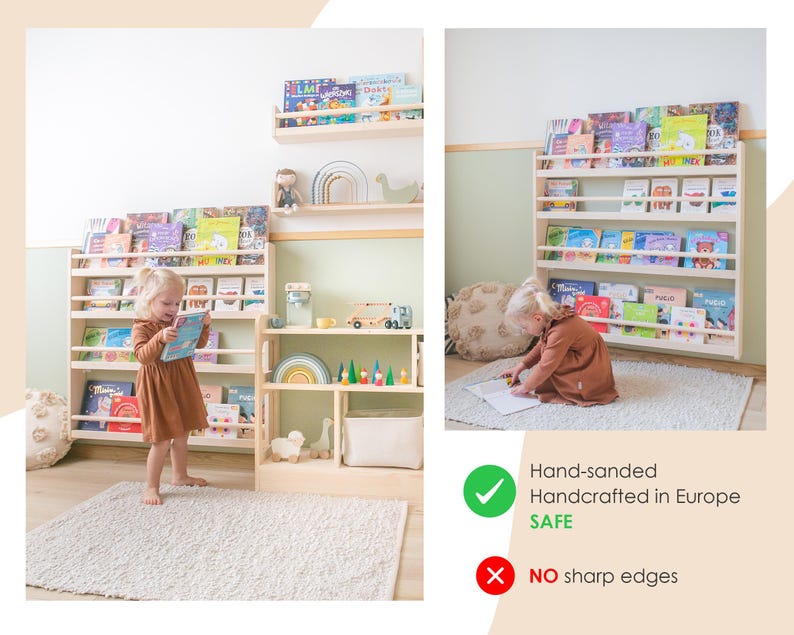 Kids Montessori bookshelf, wall wooden bookcase, Bücherregal, Nursery bookshelf, toddler book storage, kids room shelves, display cabinet image 5
