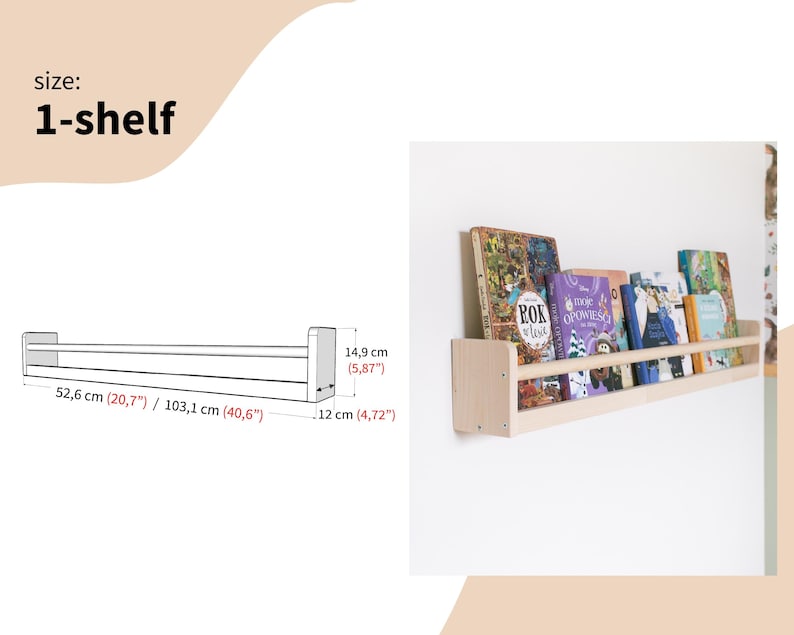 Kids Montessori bookshelf, wall wooden bookcase, Bücherregal, Nursery bookshelf, toddler book storage, kids room shelves, display cabinet 1. 1-Shelf