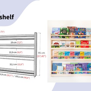 Flytande bokhylla för barn, Liten hängande Montessoribokhylla, Barnrumshyllor, Bokförvaring för småbarn, Väggbokhylla för barn, Bokhylla 5. 4-Shelves