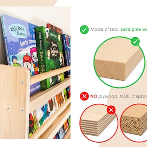 May include: A light-colored wooden bookshelf holding several children's books. The shelf is constructed from solid pine wood, as shown in the comparison graphic which contrasts the solid wood grain with plywood, MDF, and chipboard materials.