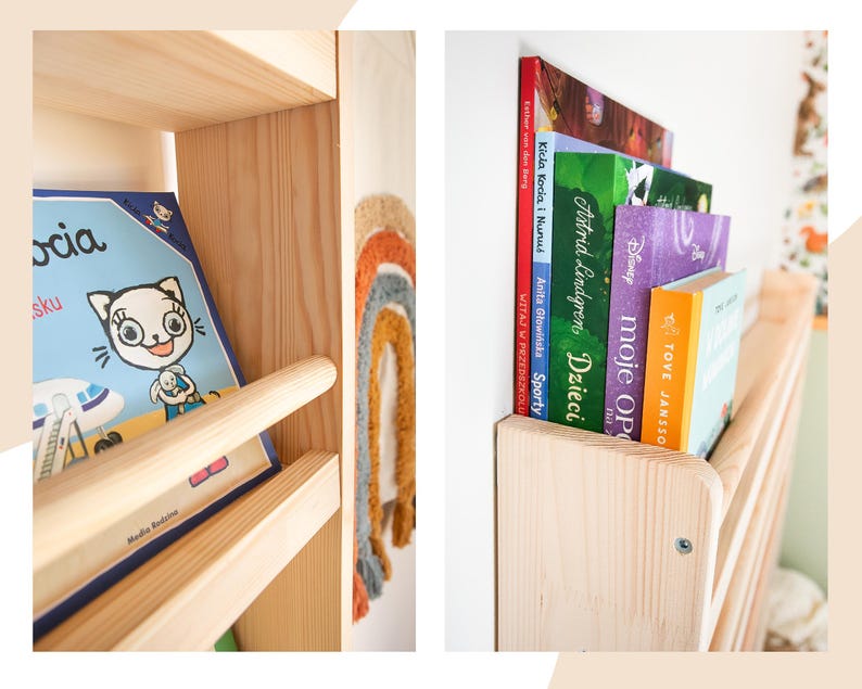 Wall-Mounted Wooden Bookshelf for Kids made of solid wood. Montessori-Inspired Front-Facing Book Display image 6