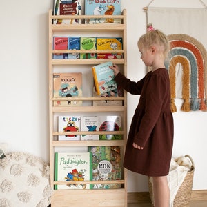 Slim Montessori bookshelf, Narrow wall shelf, Bücherregal, wooden shelf for kids, book storage, Kids room furniture, Natural pine wood shelf image 2