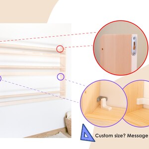 May include: A light-colored wooden wall-mounted shelf with three horizontal bars. The image includes zoomed-in details of the metal mounting hardware on the back and white corner supports inside the shelf. Text reads: Custom size? Message us.