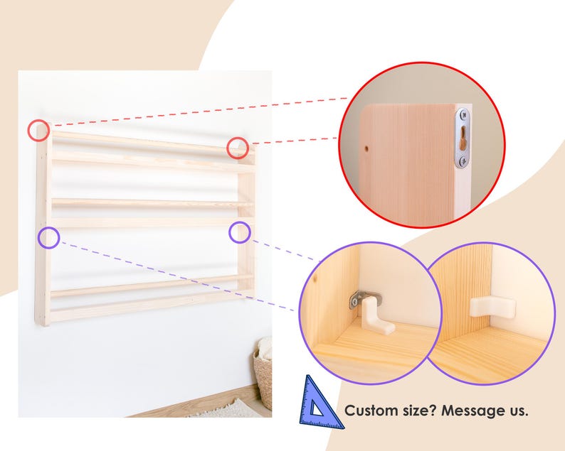 May include: A light-colored wooden wall-mounted shelf with three horizontal bars. The image includes zoomed-in details of the metal mounting hardware on the back and white corner supports inside the shelf. Text reads: Custom size? Message us.
