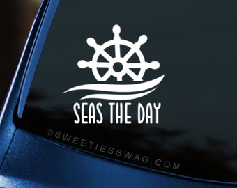 Seas the Day Nautical White Vinyl, Outdoor Car Window Sticker Decal