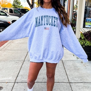 Moletom inspirado no vintage de Nantucket, suéter grande com letras universitárias, gola redonda com estampa de bandeira americana, presente para papai e mamãe, unissex