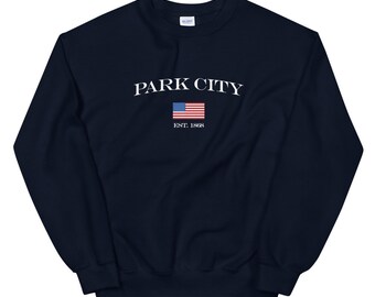 [ CITY PARK] / ☆ Standard Sweatshirt / Navy / Unisex Park City Utah American Flag Unisex Sweatshirt | Utah Shirt