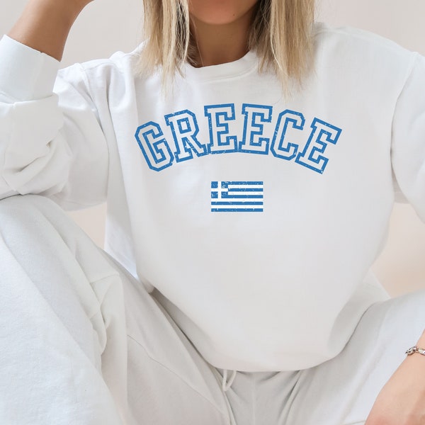 Greece Varsity Letter Lightweight Crewneck Greek Flag Summer Pullover Sweatshirt Relaxed Fit