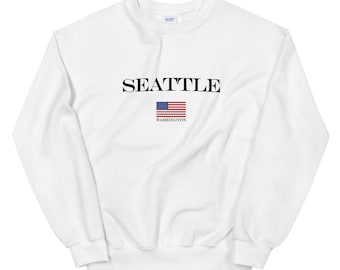 Sweat-shirt unisexe Seattle | Sweat-shirt avec drapeau américain de Seattle | Ras du cou Seattle | Seattle WA | Washington | Chemise Seattle | Cadeau Seattle