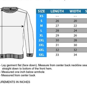 May include: Size chart for a sweatshirt with measurements in inches for XS, S, M, L, XL, 2XL, 3XL, 4XL, and 5XL. The chart shows the length, width, and sleeve length for each size.