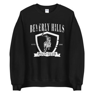 May include: Black sweatshirt with a white graphic of a polo player on a horse, a shield, and the text "Beverly Hills Polo Club" with "Estd. 1990" underneath.