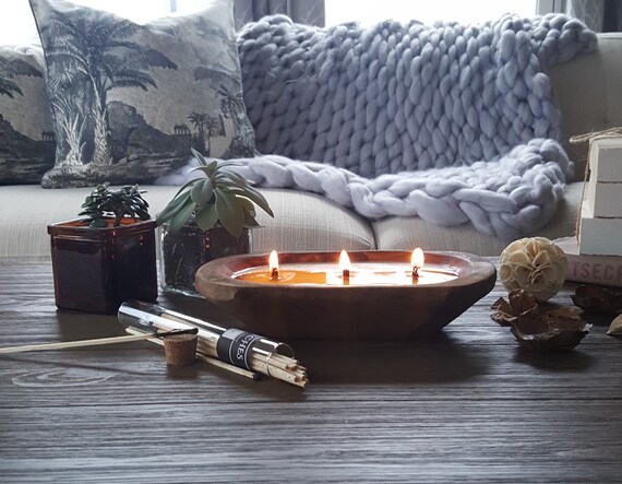 3 wick-gifts Dough bowl soy candles home decor-Natural Wood