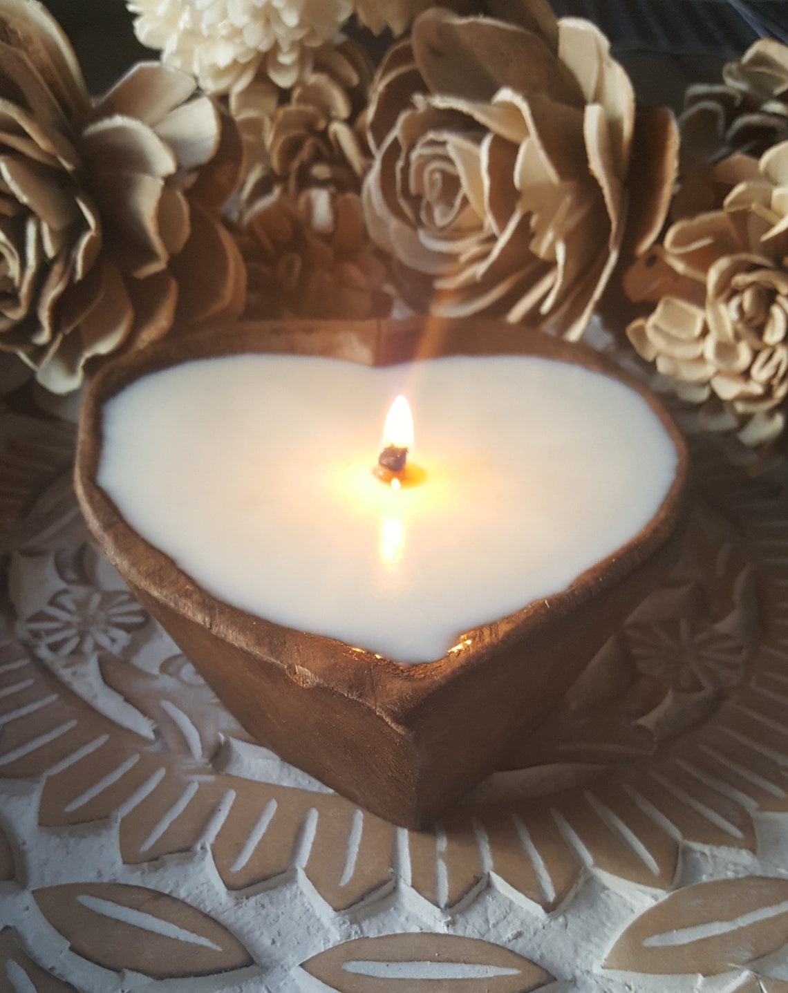 Heart Shaped Wooden Dough Bowl Candle Wood Bowl Perfect Etsy