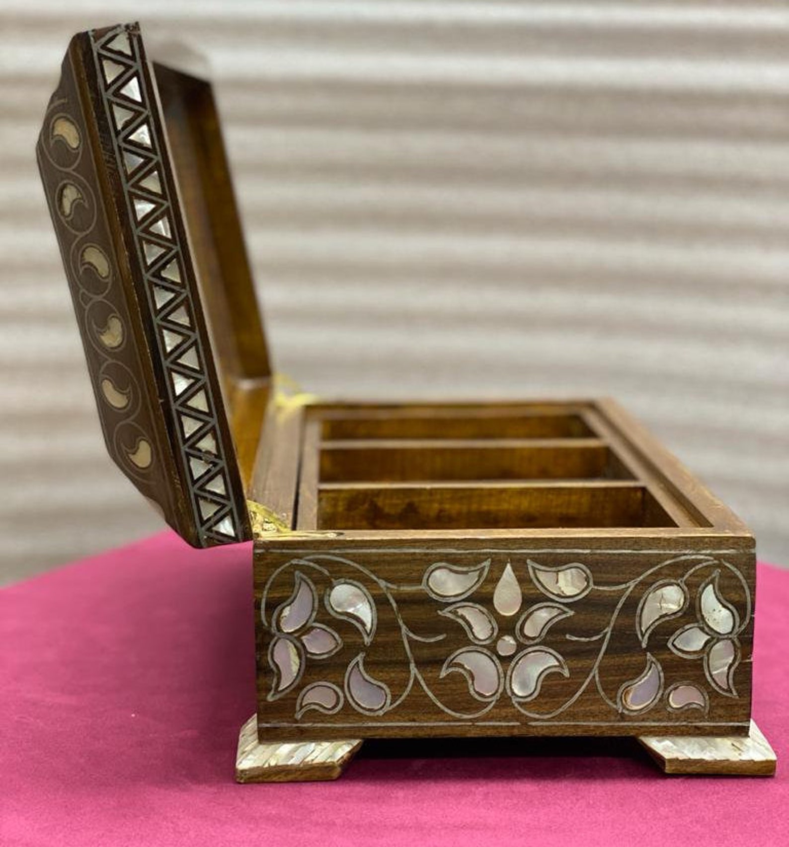Vintage Wood Jewelry Box Inlaid Shell 12.8x8 Etsy