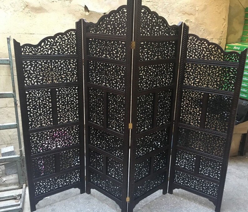 Antique Handmade Room Divider Screen 4 Panel Carved Wood Etsy