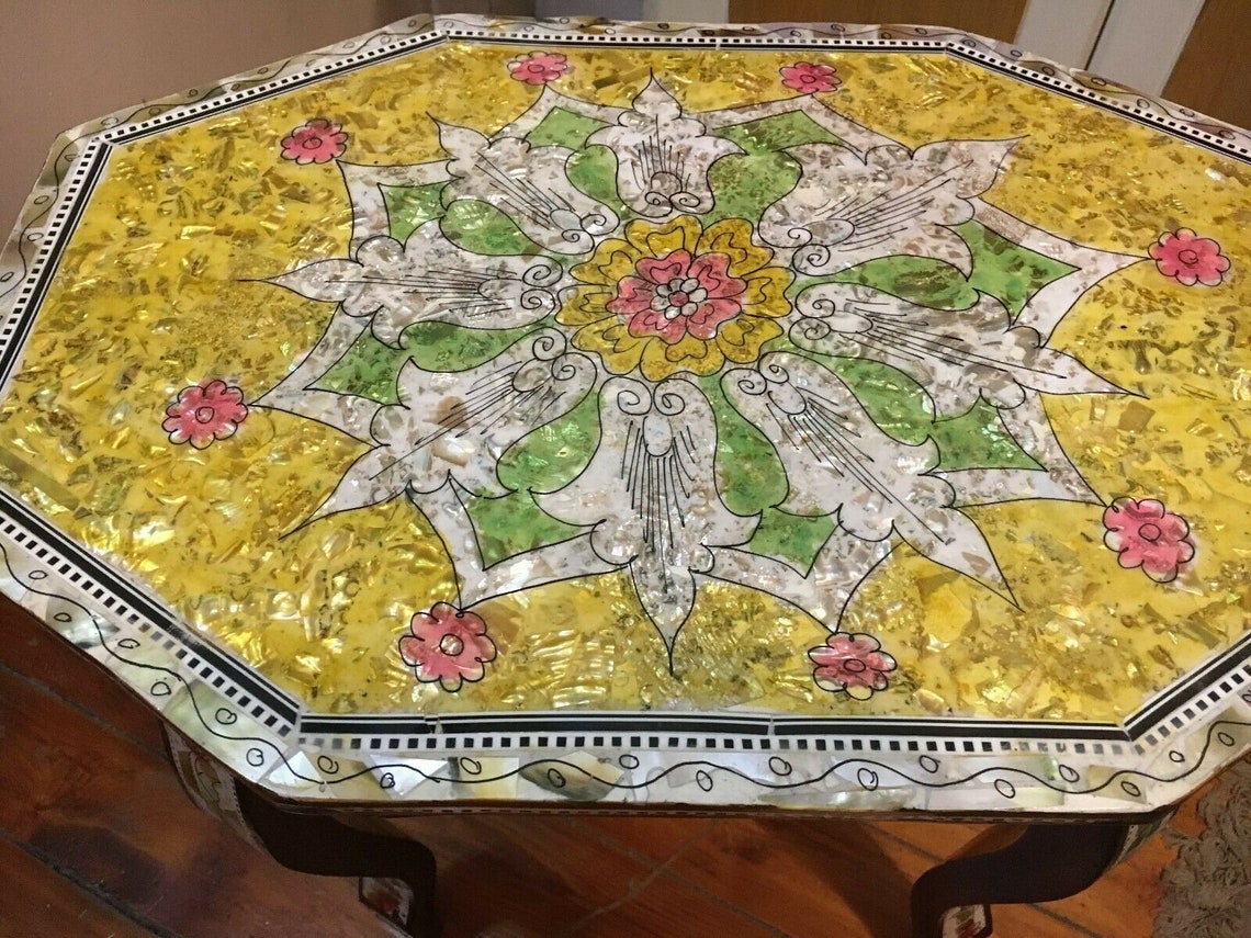 Handmade Wood End Table Inlaid Shell Etsy