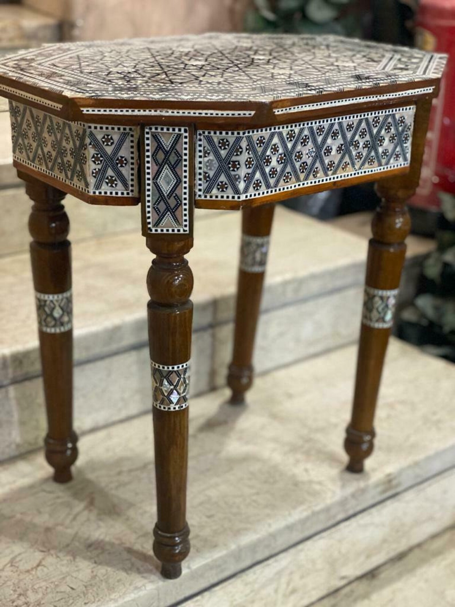 Antique wood Side Table Inlaid Shell Etsy