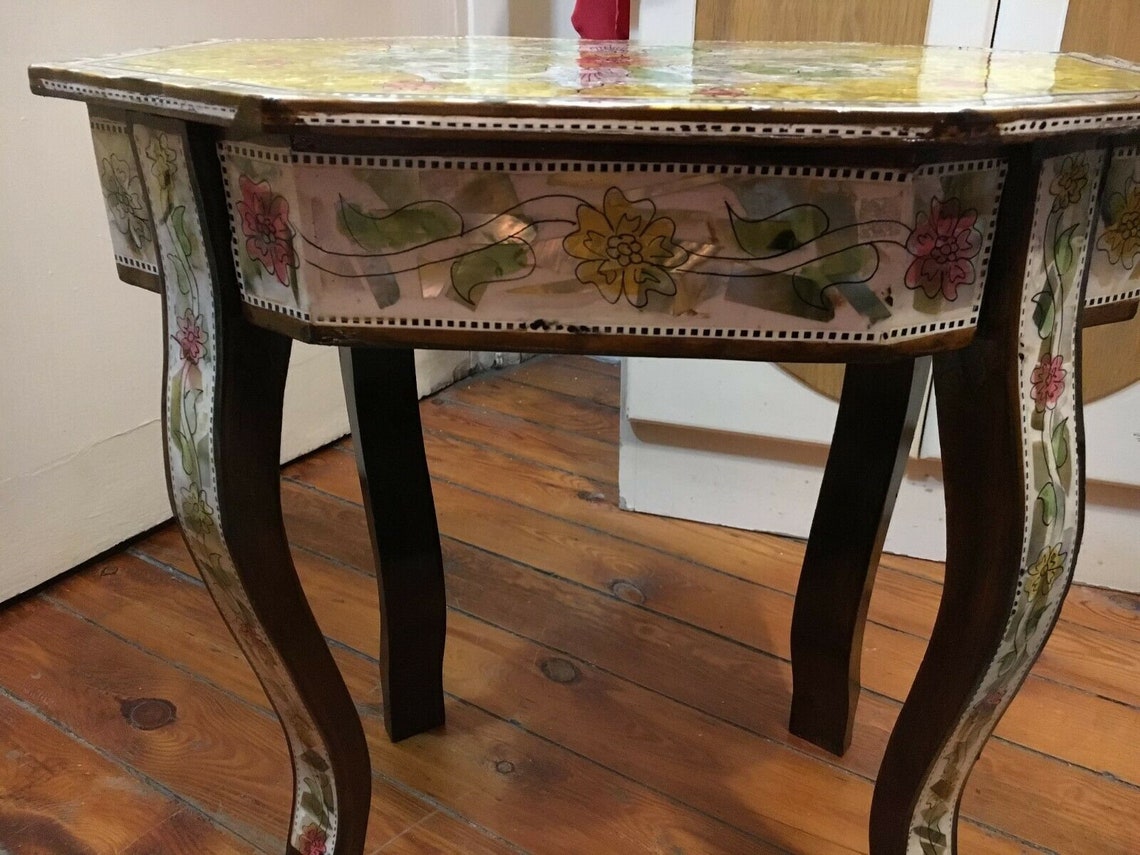 Handmade Wood End Table Inlaid Shell Etsy
