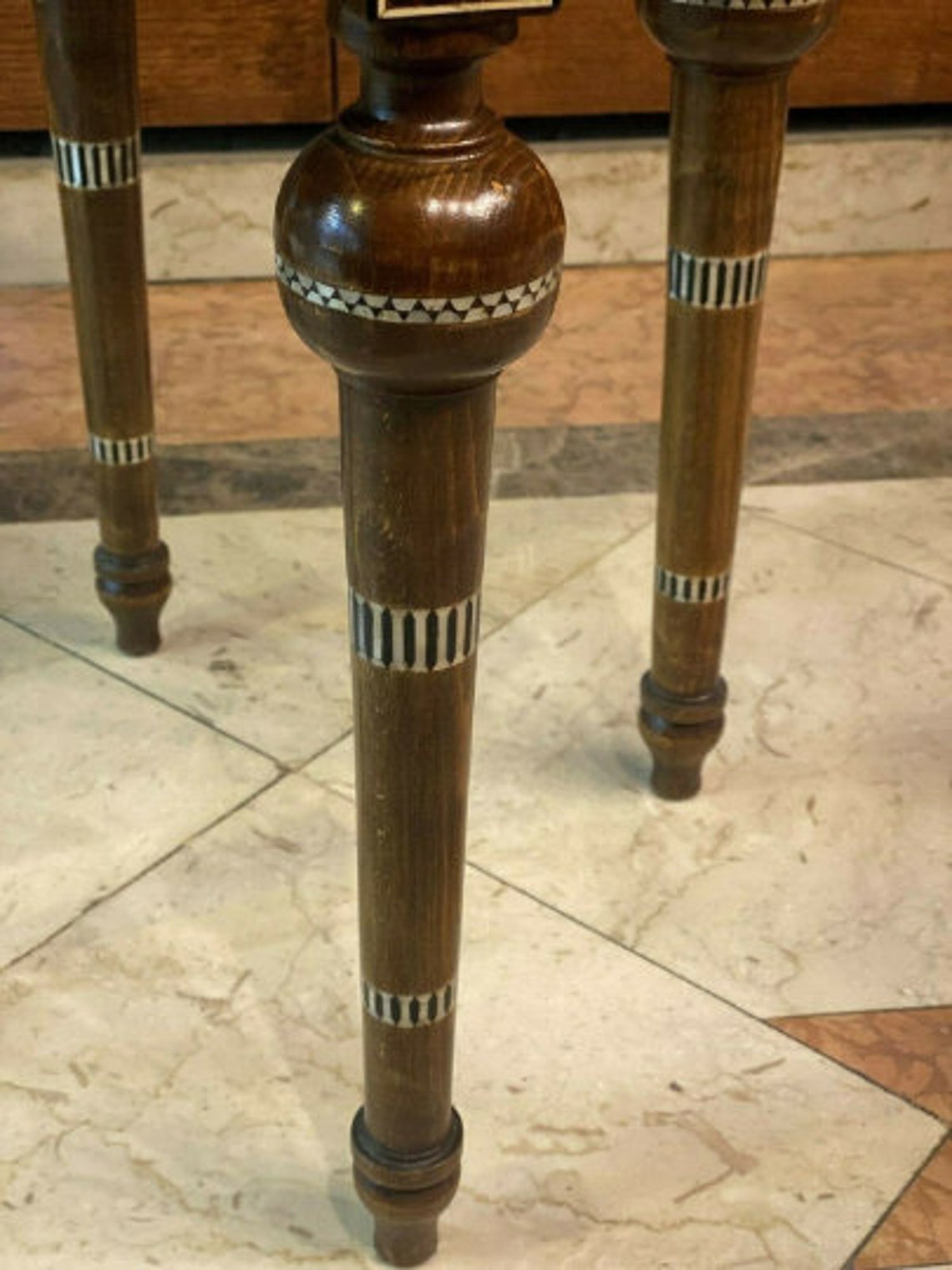 Antique Handmade Wood End Table Inlaid Shell 18 Etsy