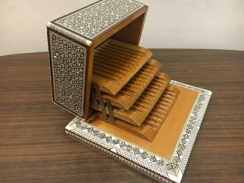 Vintage Handmade Wooden Cigarette Box Inlaid Mother of Pearl Etsy