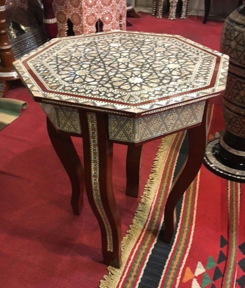 Egyptian Handmade Wood End Table Inlaid Mother of Pearl 16/"