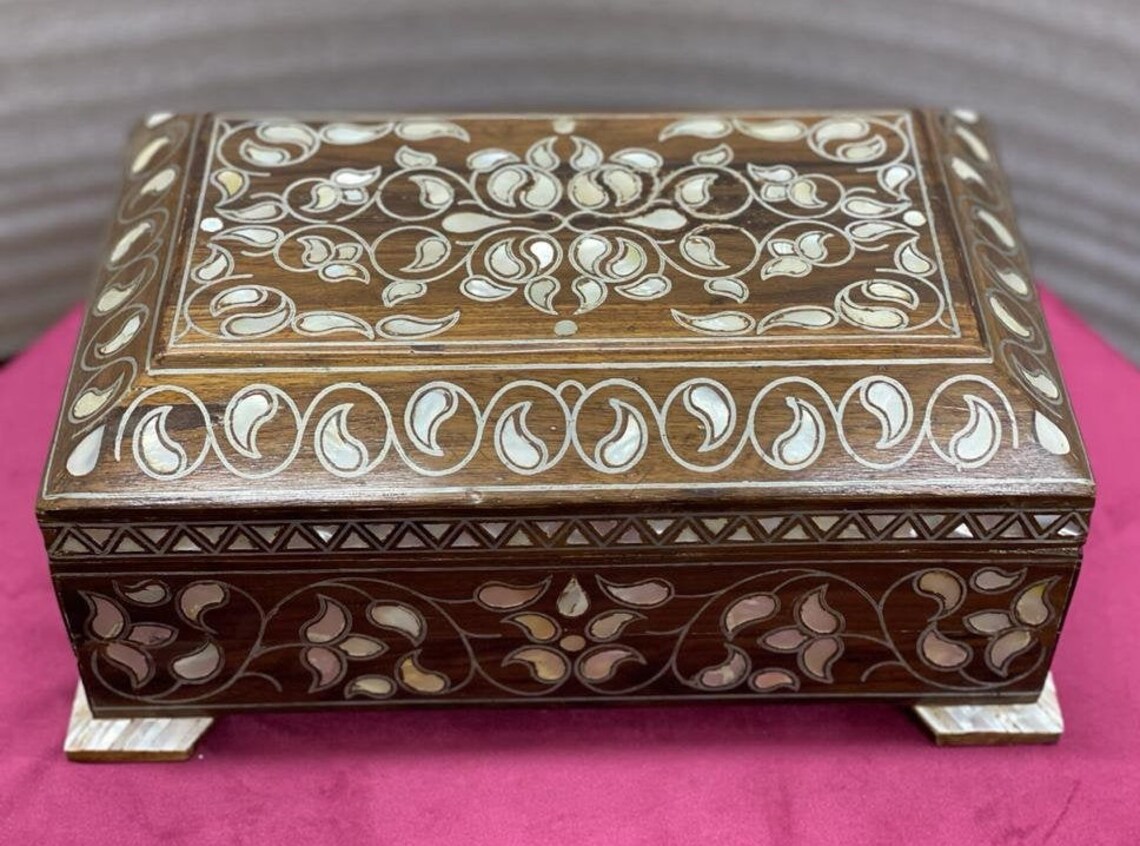 Vintage Wood Jewelry Box Inlaid Shell 12.8x8 Etsy