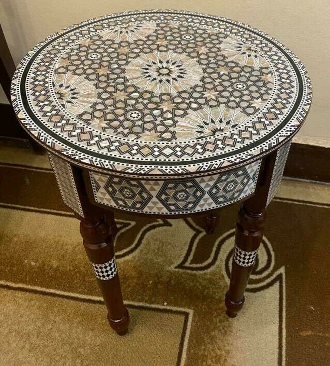 Egyptian End Table Wood Inlaid Mother of Pearl 16 Etsy