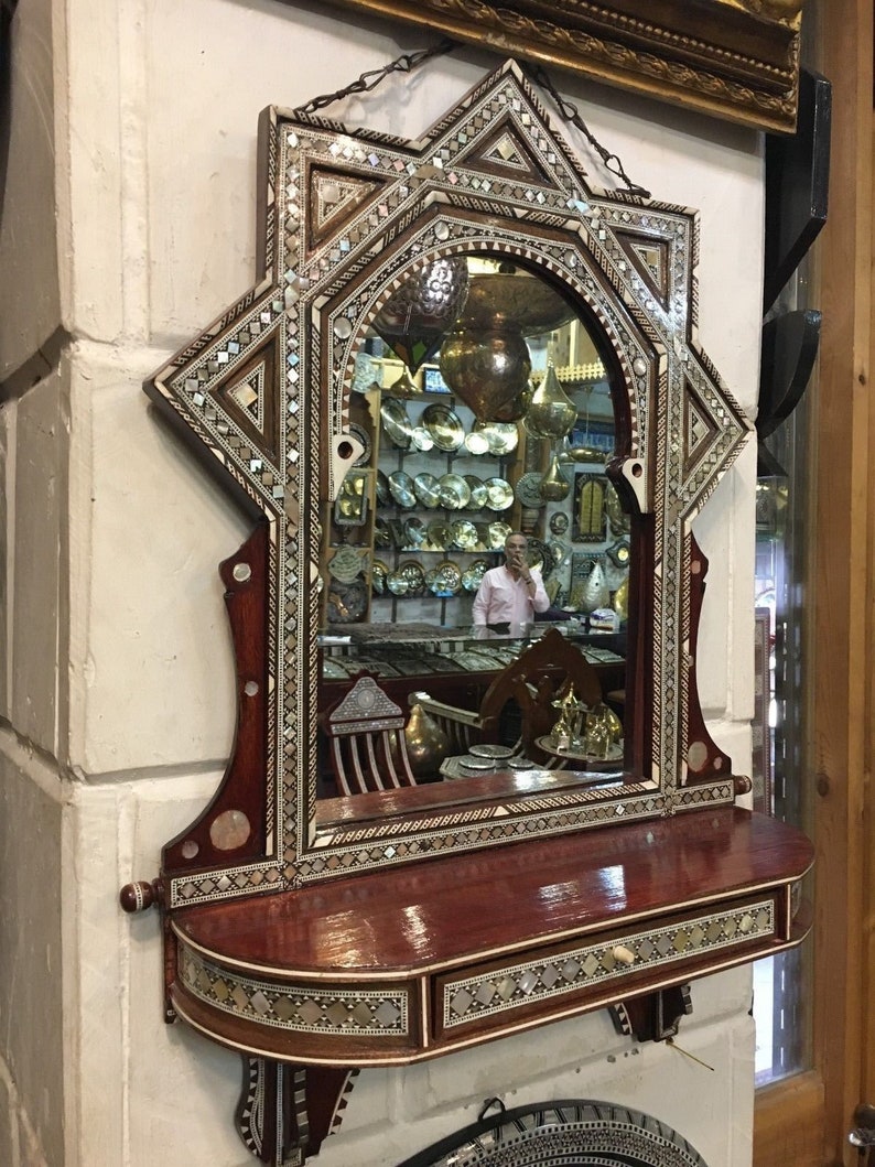 Antique Egyptian Curving Wood Wall Shelf With Mirror Inlaid Etsy