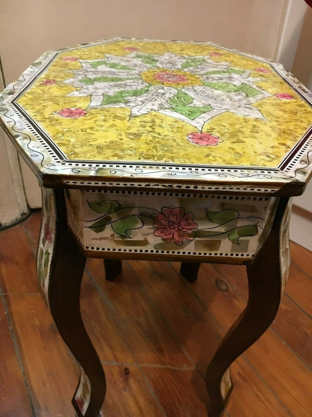 Handmade Wood End Table Inlaid Shell Etsy