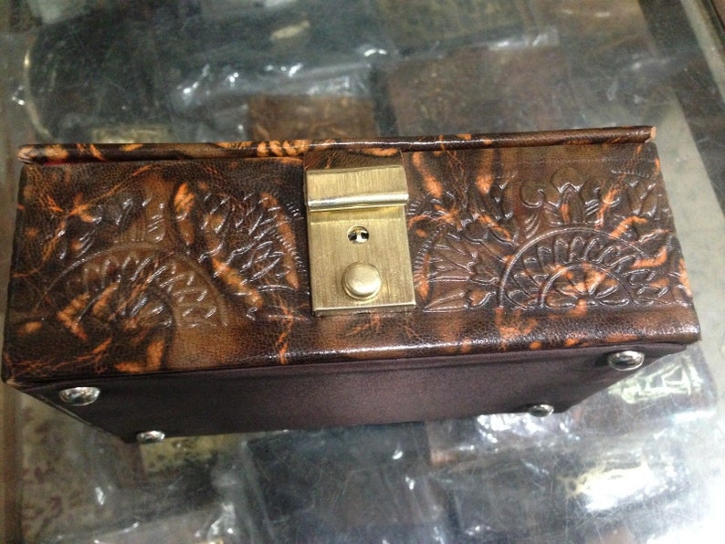 Real Leather Jewelry Box with Gold Embossed Design Etsy