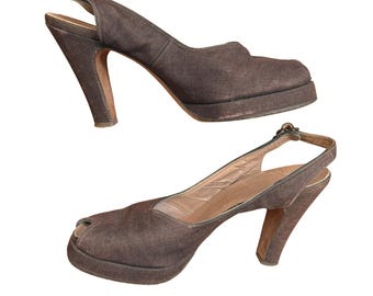 Vintage Langdon Debs braune Canvas Peeptoe Plateau-Slingback-Pumps aus den 1940er und 1950er Jahren