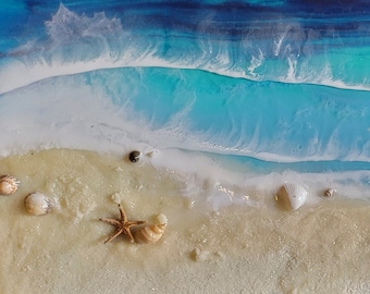 3D Ocean Resin Artwork: Beach Epoxy with Shells