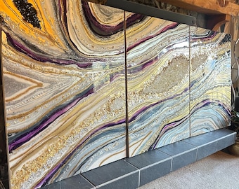 Large Sparkle Geode Resin Wall Art: 40x90 Inch Triptych Wood Panels