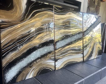 Black Gold Geode Resin Art: Modern Luxury Wall Decor (3 Piece)