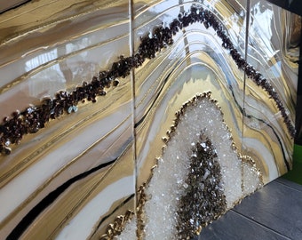 Gold Geode Resin Painting: Modern Earth Art Triptych (24x54)