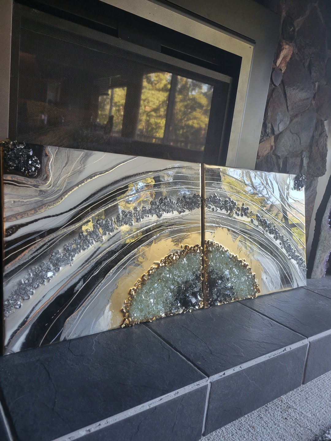 16x40 Black Resin Geode Epoxy Wall Art Painting / Modern Art