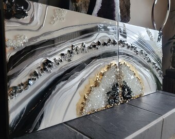 Black Resin Geode Wall Art: Silver & Crystal Accent, Modern Artwork