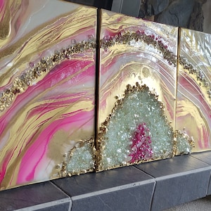 Pink & Gold Geode Resin Wall Art: Quartz Crystal Painting
