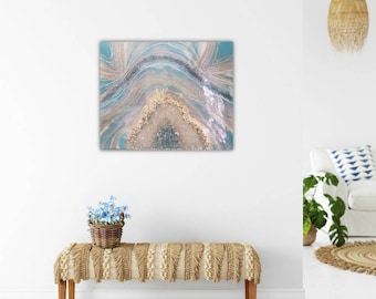 May include: Abstract painting with a blue, white, and gold agate design. The painting has a textured, glittery finish.