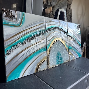 Geode Resin Wall Art: Gold, Teal & Quartz Crystal - 3-Piece Canvas