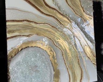 Gold Ivory Geode Resin Art: Real Quartz Crystals, Luxury Abstract Canvas
