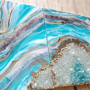 Teal and Gold Resin Geode Painting: Modern Luxury Art, 20x48 Canvas