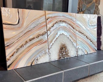 3 Piece silver Geode Resin Painting: Modern Wall Art Decor Crystal quartz inspired